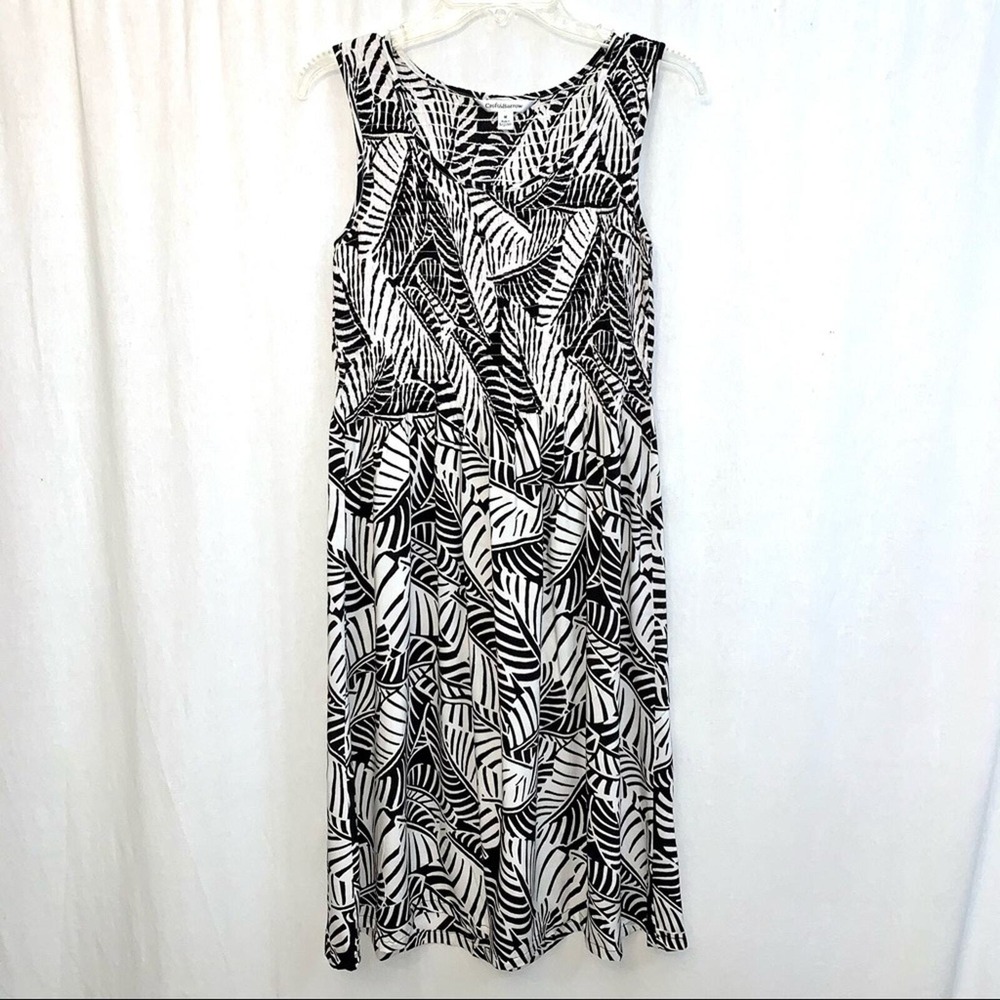 Croft & Barrow Palm Leaf Midi Dress Womens Medium Black White Smocked Sleeveless